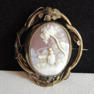 Antique, Victorian Mourning Hand Carved Shell Cameo Broach/Pendant, Swivels